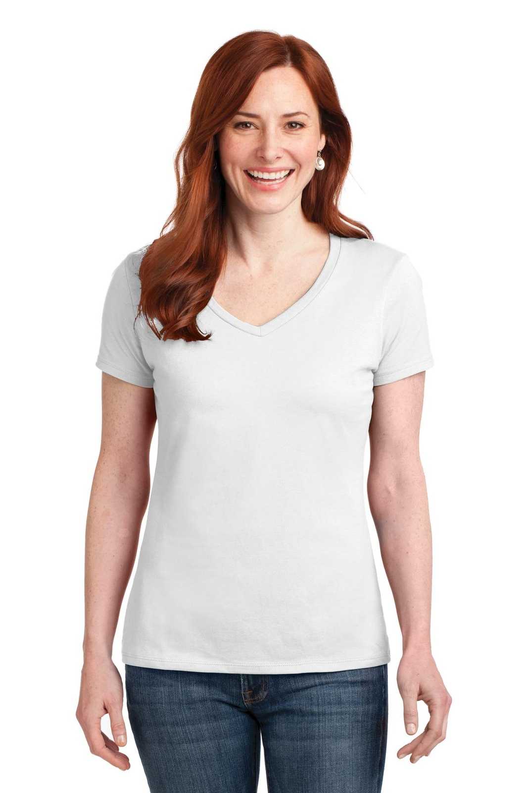 Hanes S04V Ladies Nano-T Cotton V-Neck T-Shirt - White