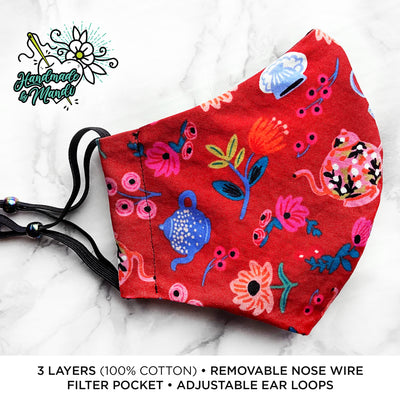 SPECIAL EDITION Rifle Paper Co "Wonderland" Tea Party (Crimson) Deluxe Olson Face Mask