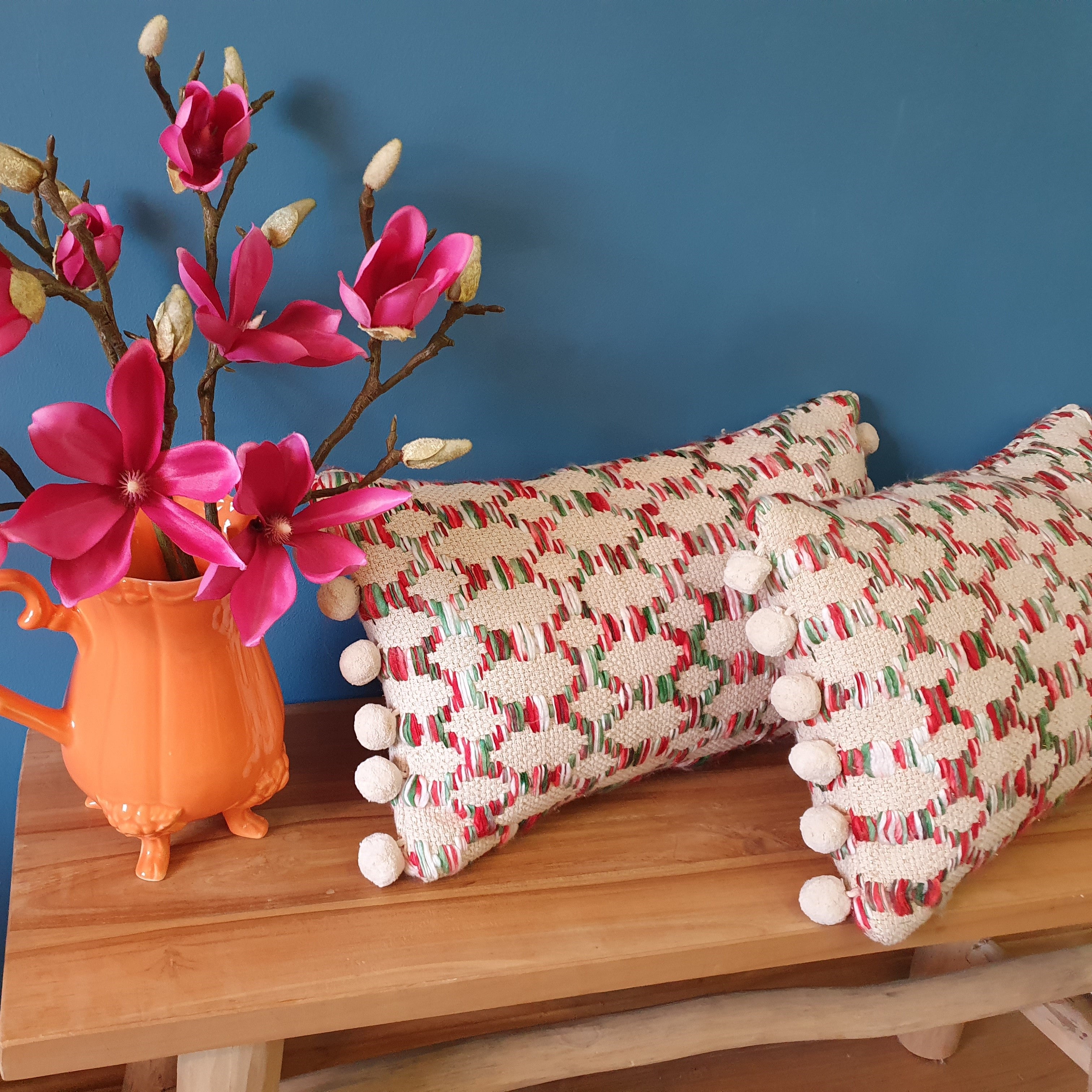 Loganberry Rectangular Cosy Cushion with pom poms
