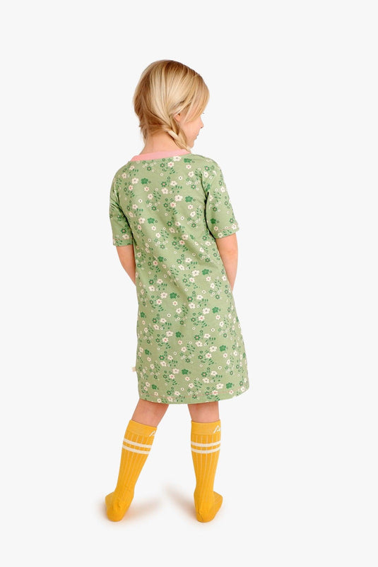 Back detail of Girls summer dress in green and pink organic cotton and flowers by Albaofdenmark
