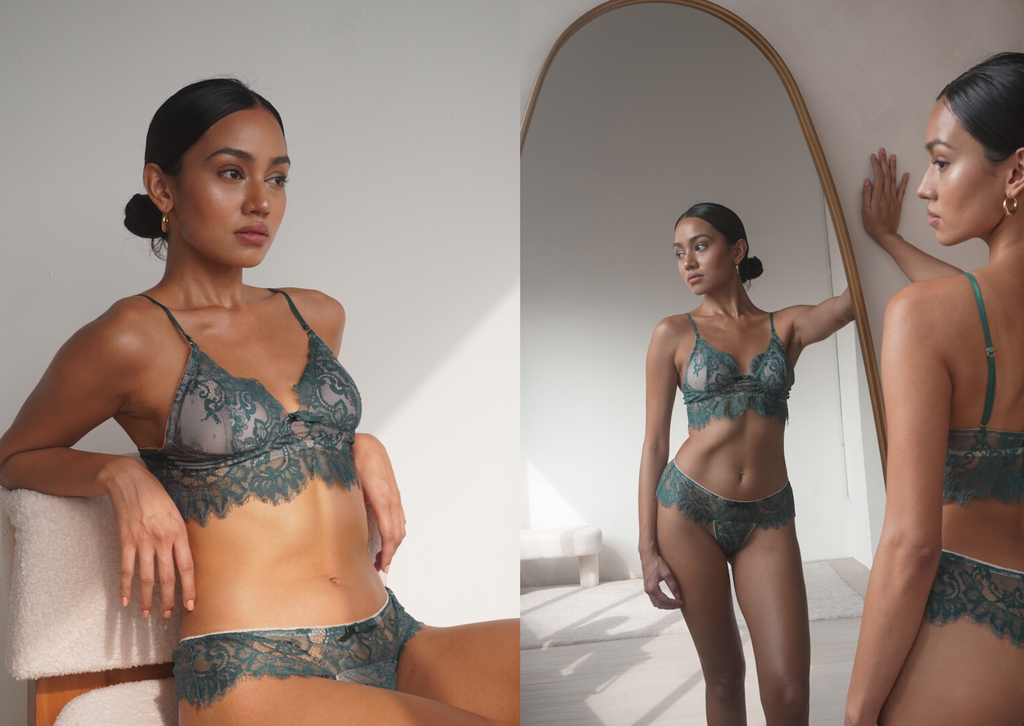 Women wearing Lucette bralette and panty in green