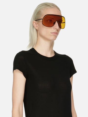 Rick Owens 'Sunglasses Shield' – Black Temple / Gold Lens