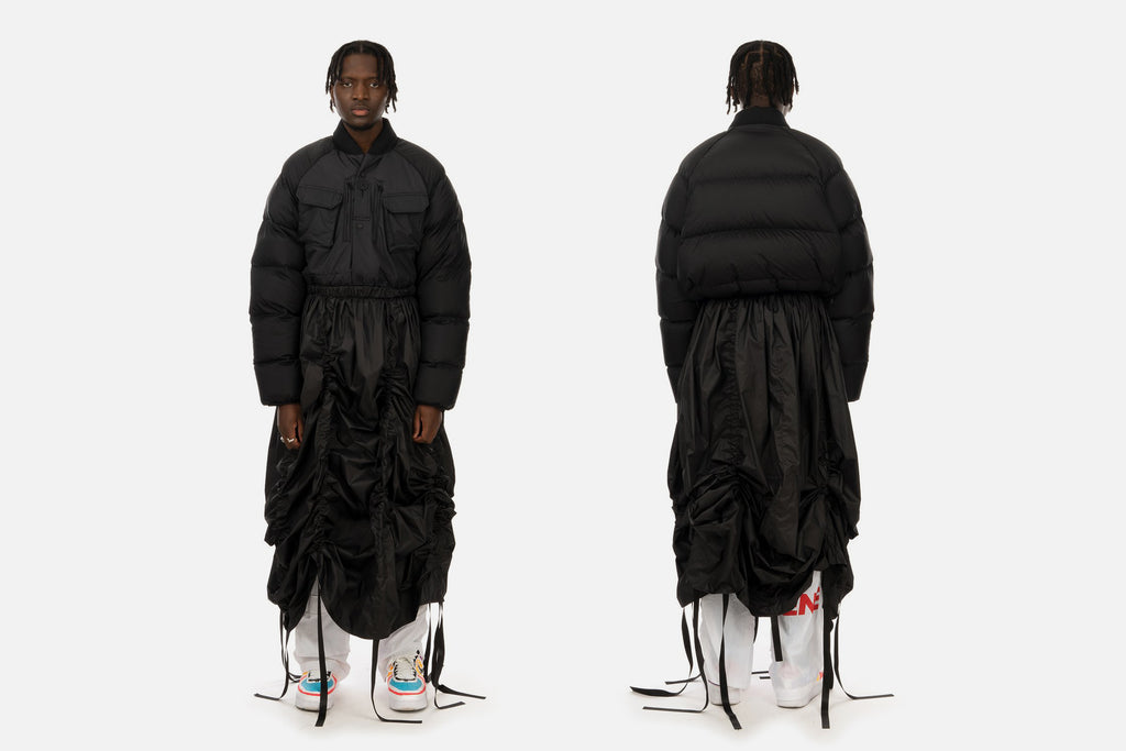 The Anatomy of the Duran Lantink x Concrete Store 'Puffer Dress Jacket'<br>'A: Front' – Christopher Raeburn Recycled Quilted Field Jacket _ 'B: Sleeves/Back' – Adidas Originals DLX Superstar Jacket _ 'C: Bottom' – Museum of Friendship Drawstrip Skirt <!--[A: Front ––,16,25,][–– B: Back/Sleeves,86,25,][–– C: Bottom ––,50,68,]-->