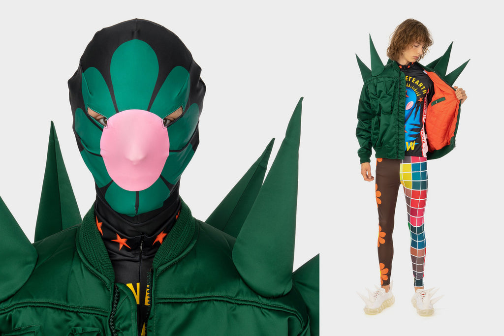 Water van Beirendock 'Save Planet Earth Morph Mask', 'W:A.R. Bomber Jacket', 'Save Planet Earth Bike Top', 'Save Planet Earth Bike Leggings' and 'Spike Sneaker'