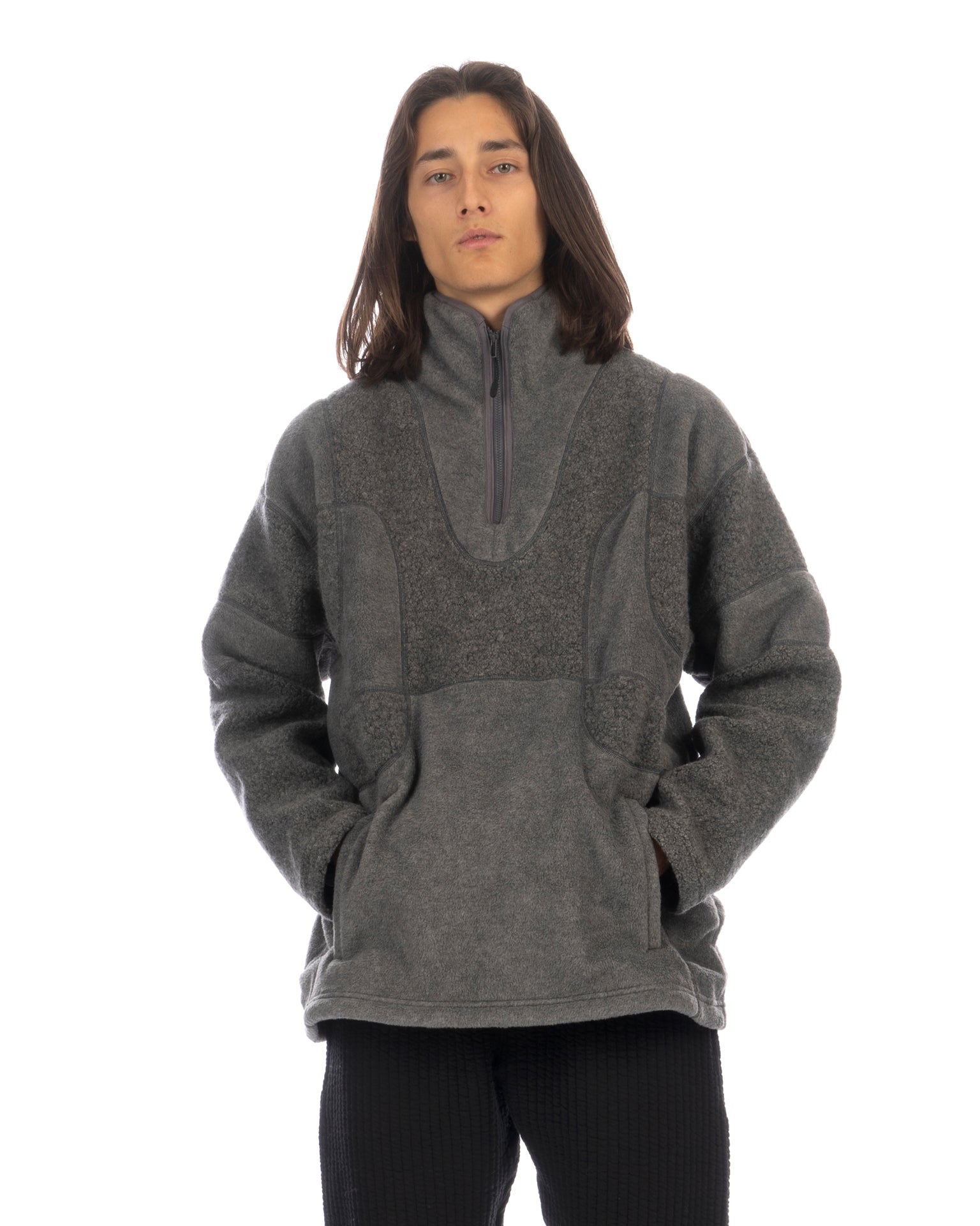 White Mountaineering | Patchwork Fleece Zip Pullover Gray