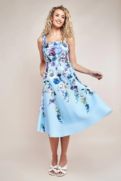 Goddiva Scuba Foam Floral Midi Dress - Blue