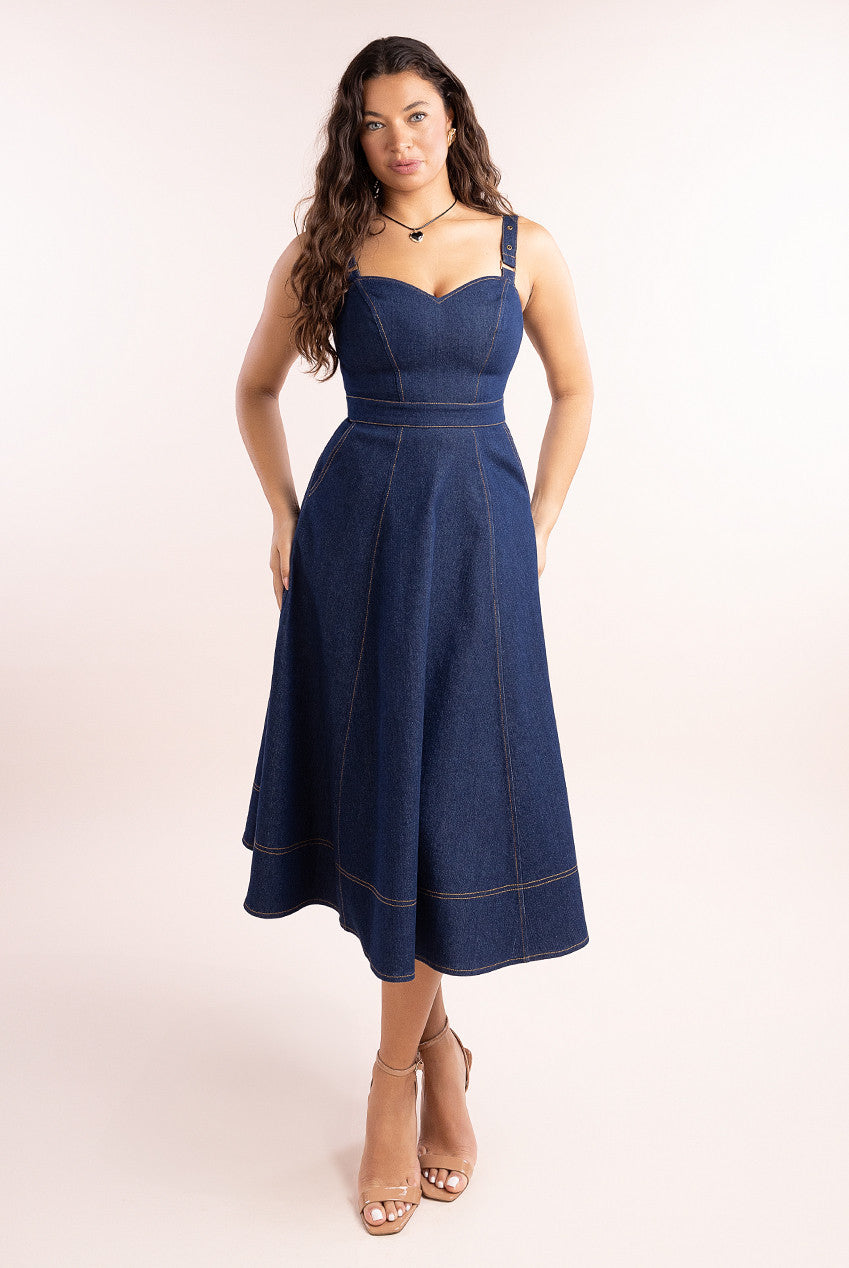 Image of Goddiva Denim Buckle Strap A-line Midi Dress - Navy Denim