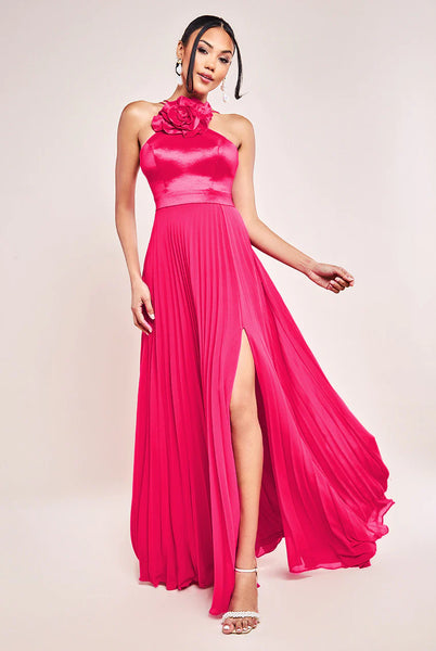 Goddiva Pleated Chiffon Corsage Halter Strappy Maxi Dress - Magenta