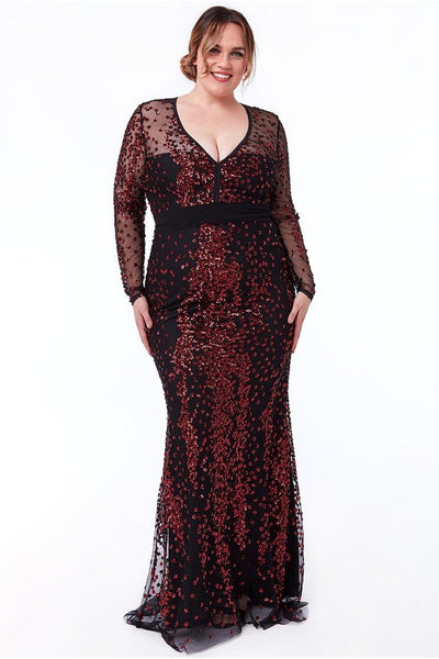 GODDIVA PLUS SPREAD ON SEQUIN MAXI WITH V NECK DRESS - WINE