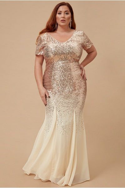 GODDIVA PLUS SEQUIN & CHIFFON MAXI DRESS - CHAMPAGNE