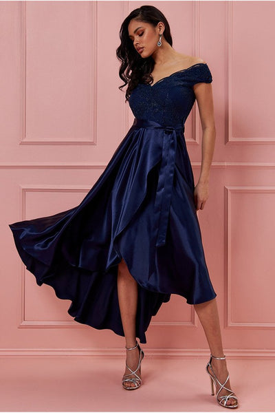 GODDIVA SCALLOPED NECK HIGH LOW MIDI DRESS - NAVY