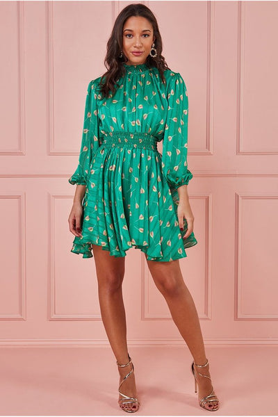 GODDIVA HIGH NECK SHIRRED WAIST TEA DRESS - GREEN