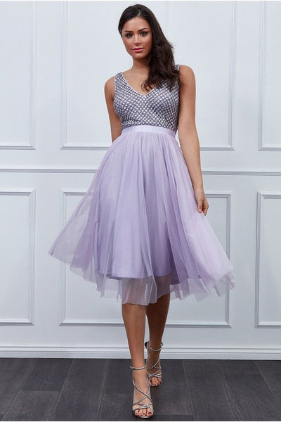 GODDIVA SEQUIN BODICE PLEATED MIDI DRESS - LAVENDER