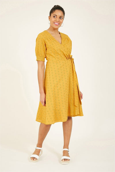 YUMI MUSTARD COTTON BRODERIE ANGLAISE WRAP DRESS