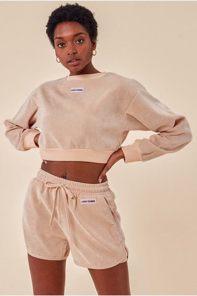 COSMOCHIC OVERSIZED CROPPED JUMPER & SHORT TWO PIECE SET - BEIGE