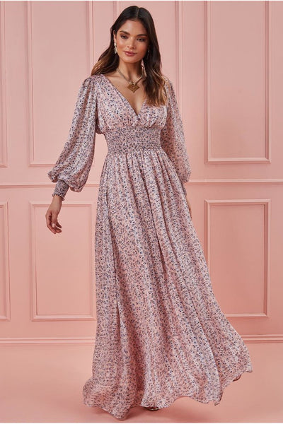 GODDIVA LONG SLEEVE FLORAL PRINT MAXI WITH SHIRRED WAISTBAND - BLUSH