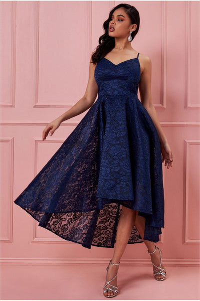 GODDIVA HIGH LOW LACE MAXI DRESS - NAVY