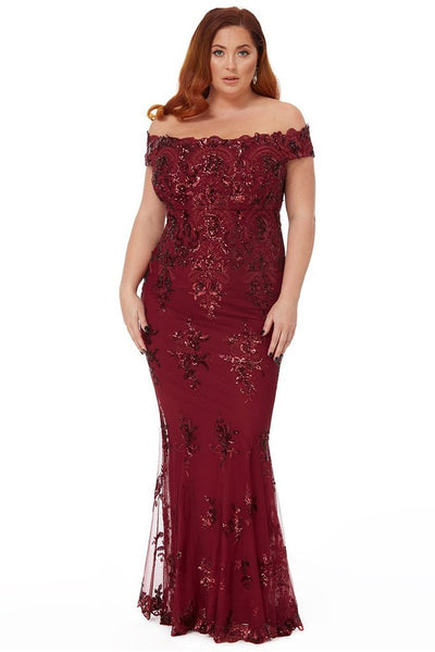 GODDIVA PLUS SCALLOPED NECK SEQUIN & LACE MAXI DRESS - WINE