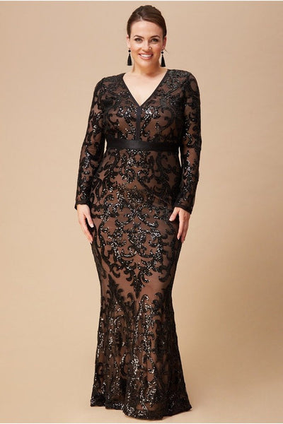 GODDIVA PLUS EMBROIDERED SEQUIN & MESH MAXI DRESS - BLACK