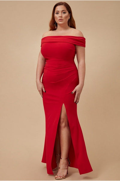 GODDIVA PLUS OFF THE SHOULDER MAXI WITH SPLIT - RED