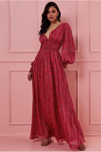GODDIVA LONG SLEEVE FLORAL PRINT MAXI WITH SHIRRED WAISTBAND - RED