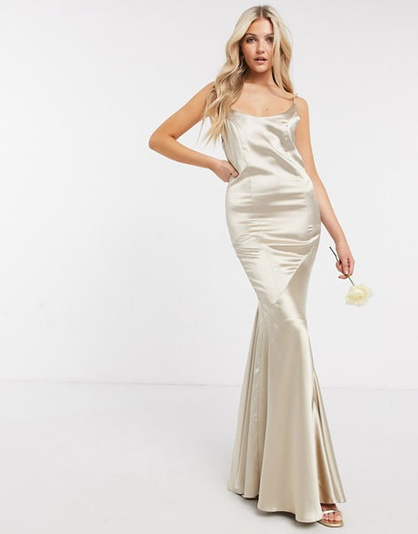 ASOS DESIGN Bridesmaid satin scoop maxi dress with panelled skirt and button back