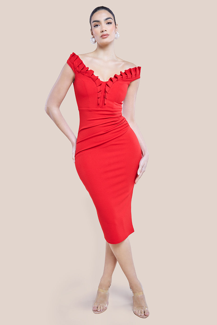 Goddiva Off The Shoulder Frill Bodice Midi Dress - Red