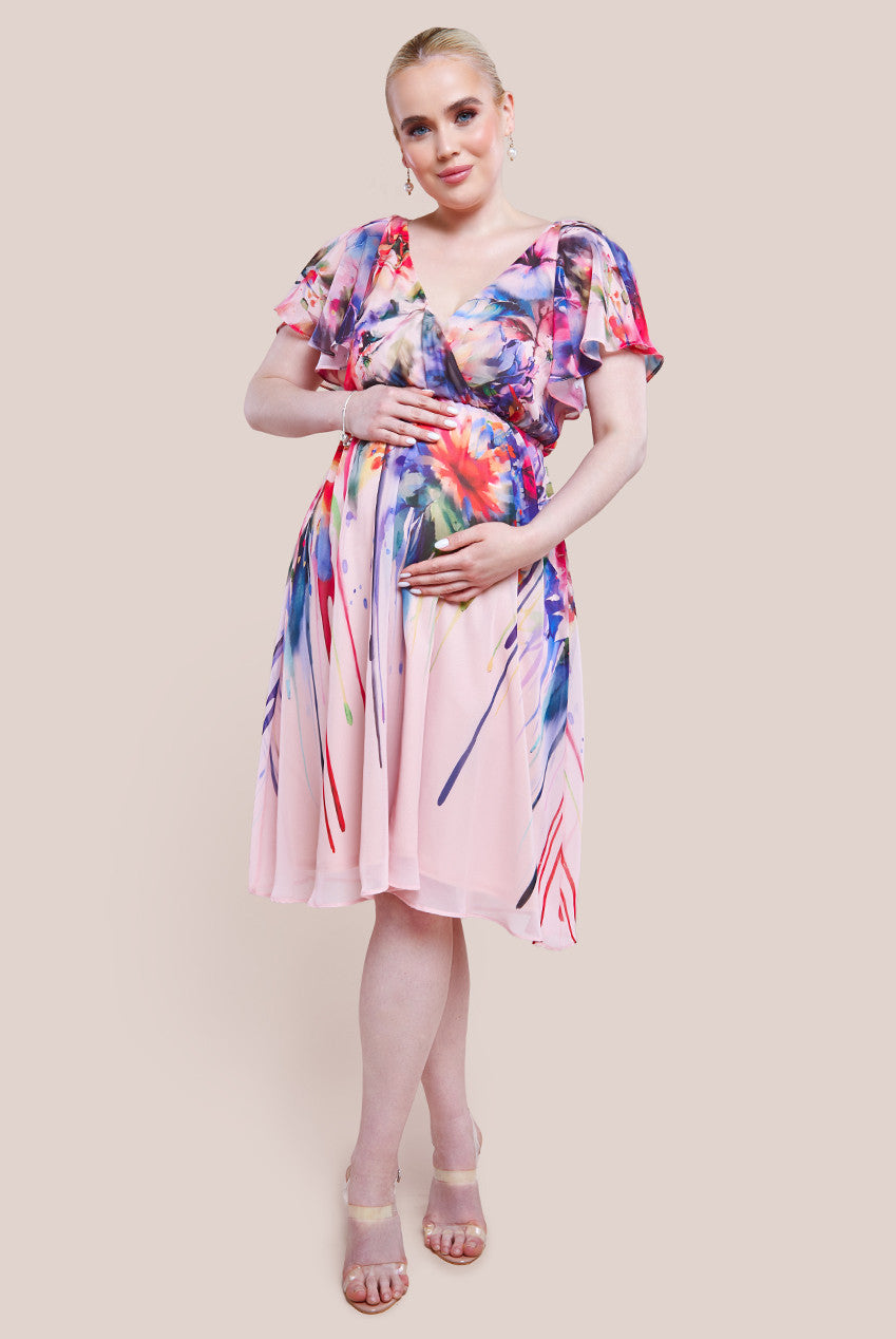 Goddiva Maternity Flutter Sleeve Floral Bodice Midi Dress - Blush