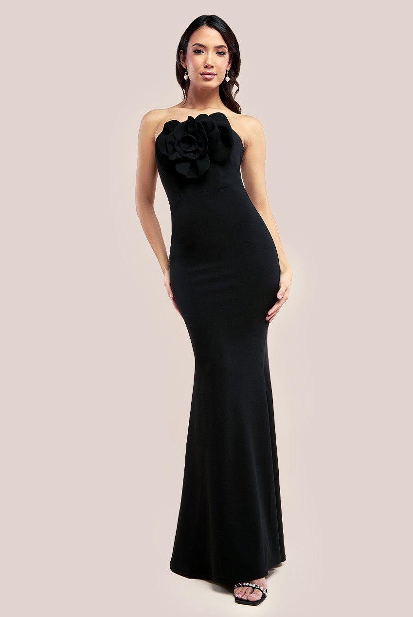 Image of Goddiva Scuba Crepe Bandeau Rose Maxi Dress - Black