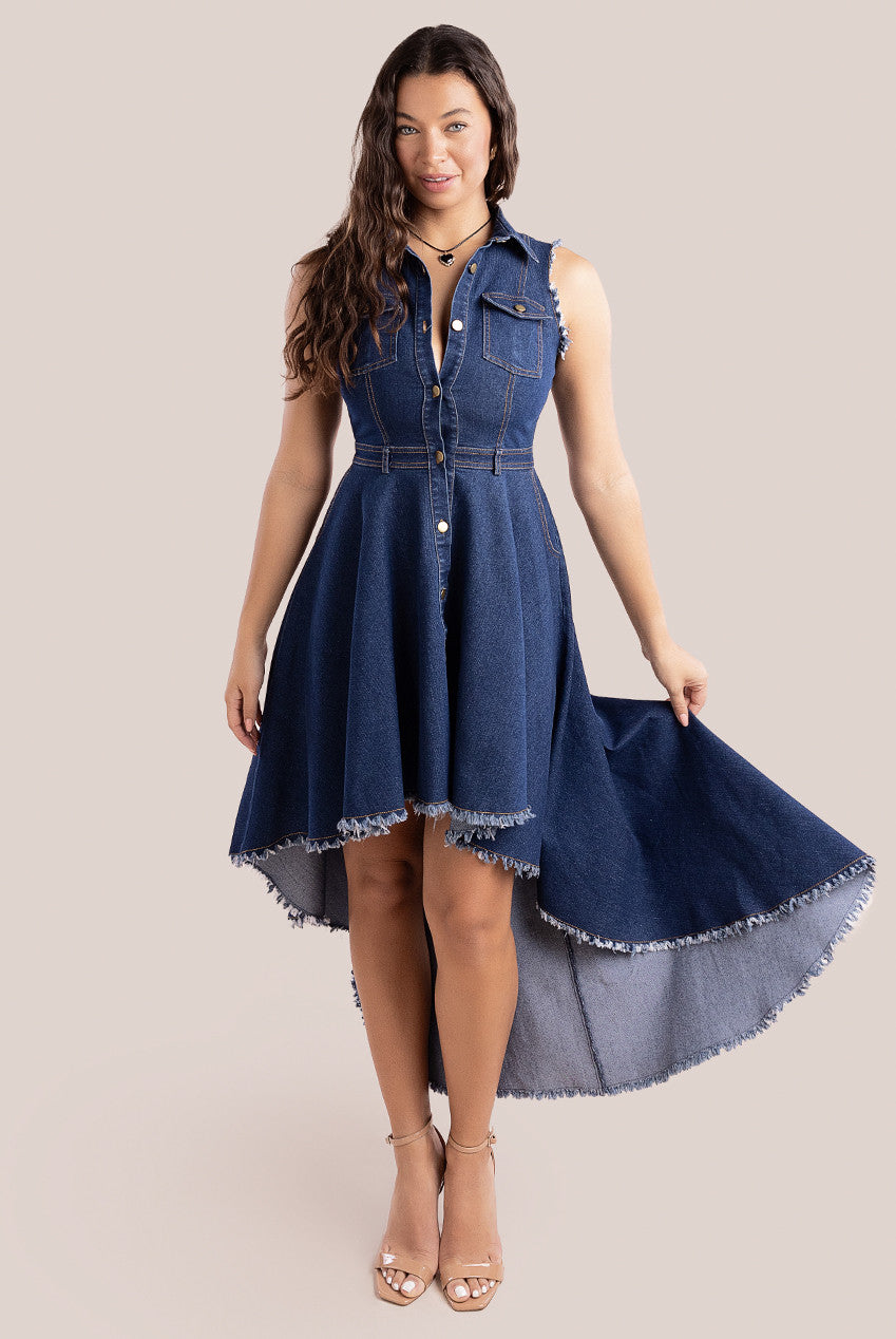 Goddiva Denim Sleeveless High And Low Midaxi Dress - Navy Denim