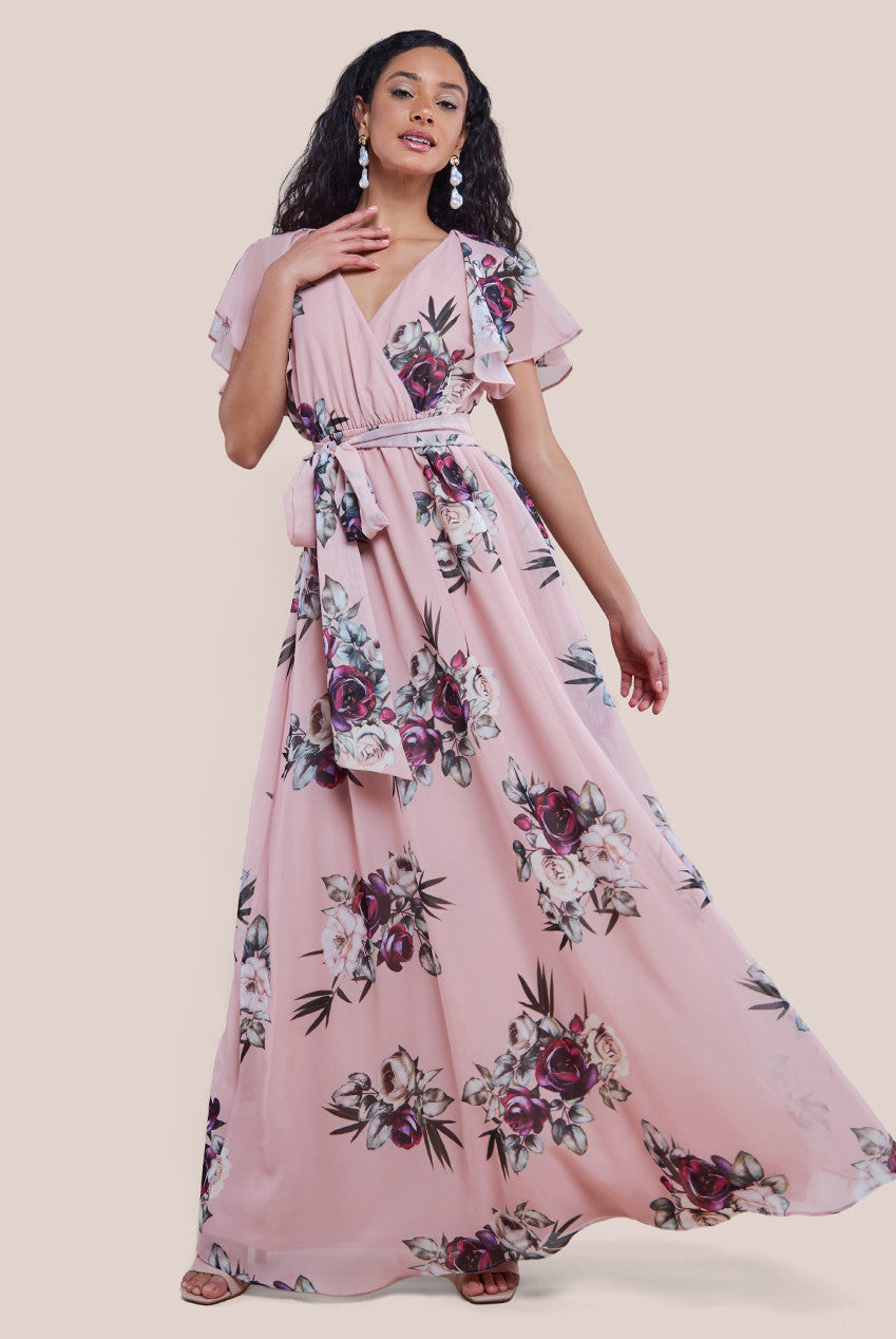 Goddiva Sustainable Floral Print Midi Wrap Dress With Butterfly Sleeves - Peach