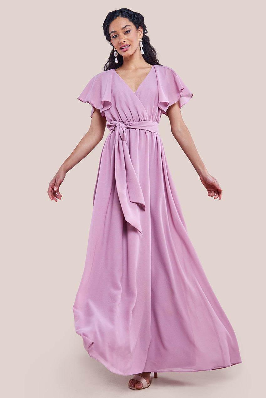Goddiva Sustainable Chiffon Flutter Sleeve Wrap Maxi Dress - Lavender