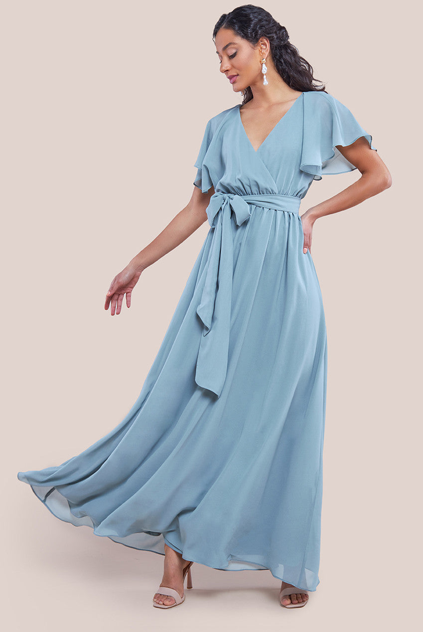 Goddiva Sustainable Chiffon Flutter Sleeve Wrap Maxi Dress - Sagegreen