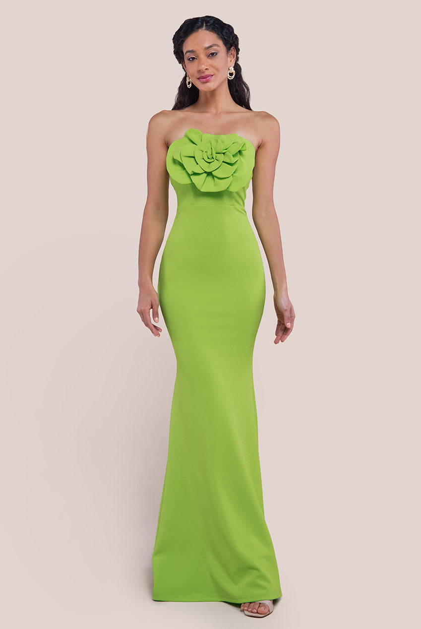 Goddiva Scuba Crepe Bandeau Rose Maxi Dress - Lime