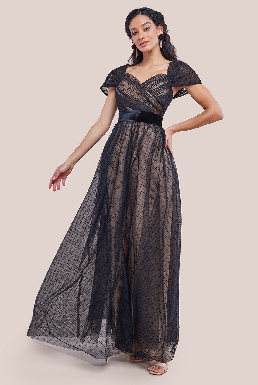 Goddiva Dobby Mesh Off The Shoulder Princess Maxi Dress - Black