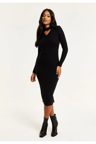 Liquorish Cut Out Front Cable Knit Midi Dress In Black