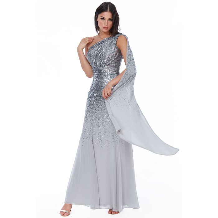 GODDIVA ONE SHOULDER SEQUIN & CHIFFON MAXI DRESS - SILVER