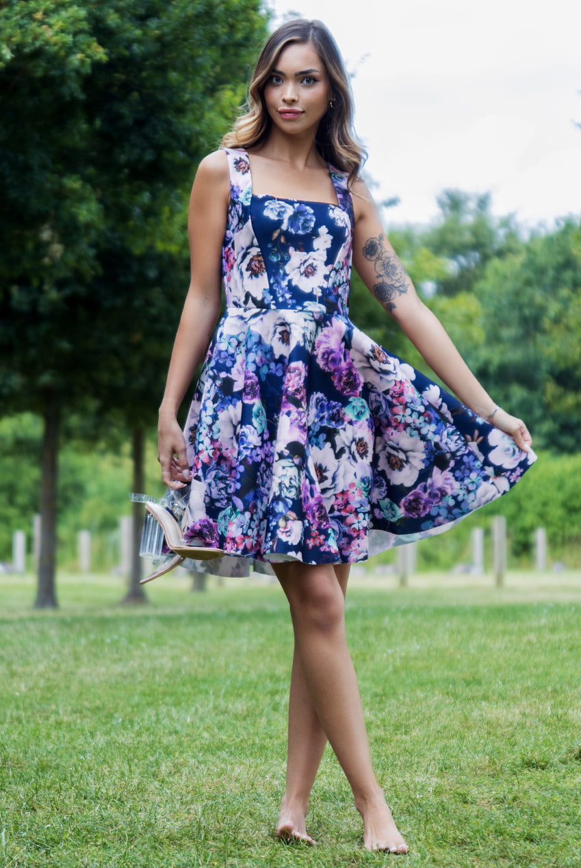 Image of Goddiva Scuba Foam Floral Skater Mini Dress - Navy