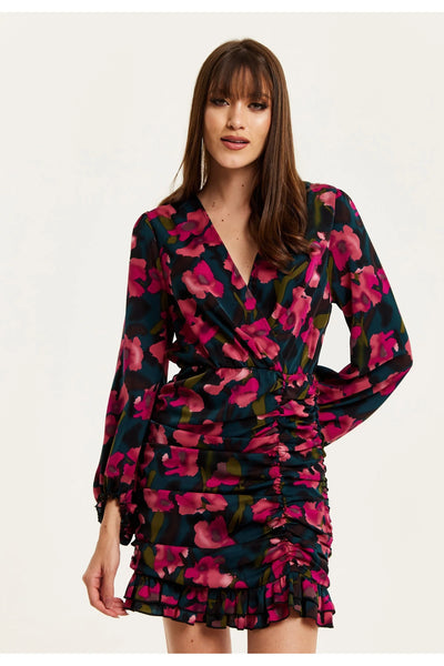 Liquorish Floral Print Mini Dress With Front Ruching