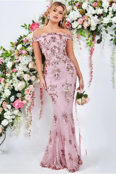 Goddiva Bardot sequin embroidered maxi dress – blush