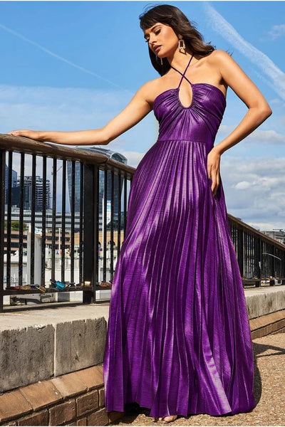 Goddiva pleated foil tie back maxi dress - purple