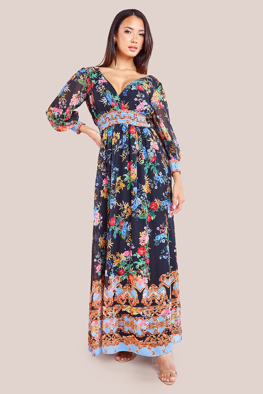 Goddiva Chiffon Wrap Border Floral Print Maxi Dress - Black