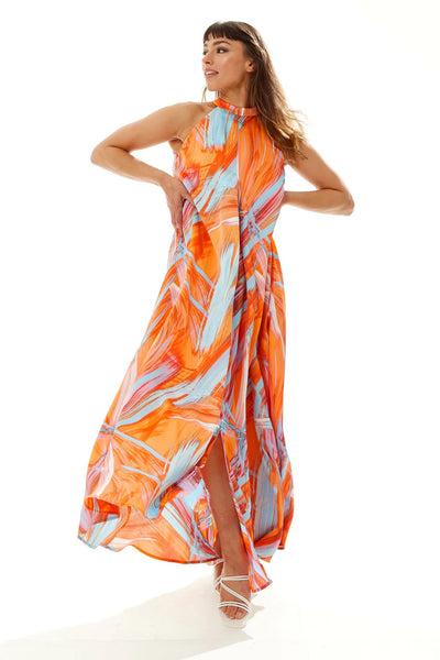 Liquorish Maxi Abstract Print Dress With A High Neck Orange
