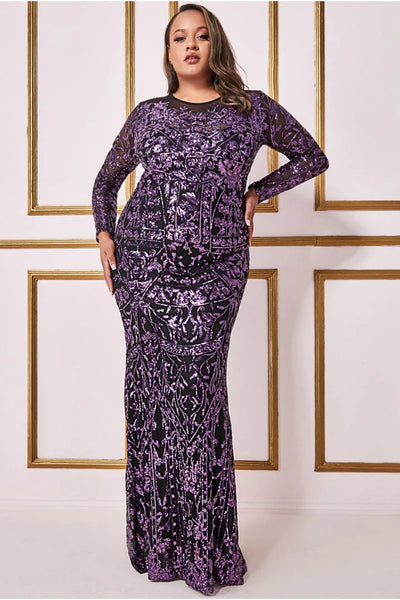 Goddiva plus sequin mesh embroidered maxi dress - purple