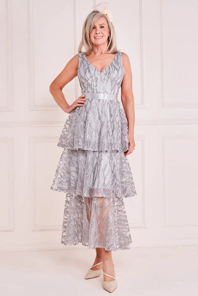 Goddiva Embroidered Mesh Layered Midi - Grey