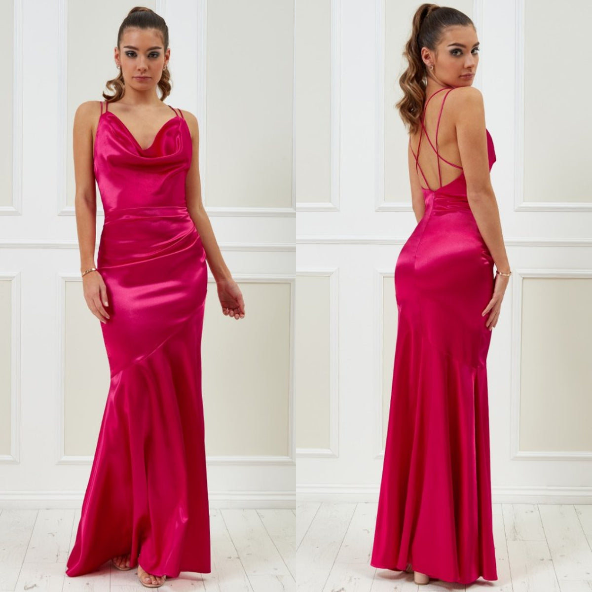 VICKY PATTISON – COWL NECK WITH STRAPPY BACK MAXI DRESS - CERISE