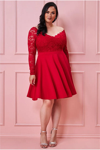 Goddiva plus off the shoulder lace skater dress – red