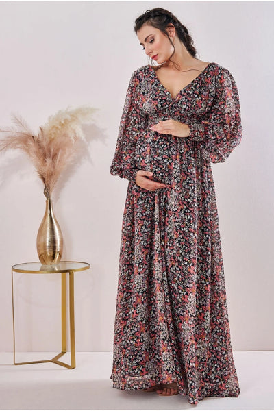 Goddiva Maternity Long Sleeve Maxi Floral Print