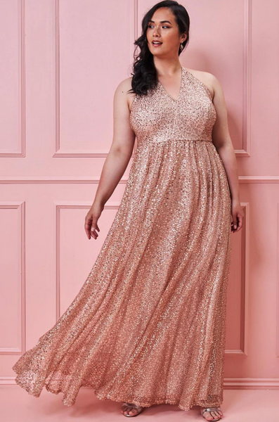 Goddiva Plus Sequin & Mesh Halterneck Maxi Champagne