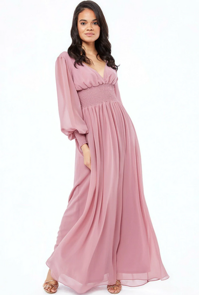  Goddiva Chiffon Puffy Sleeve Maxi Dress Rose